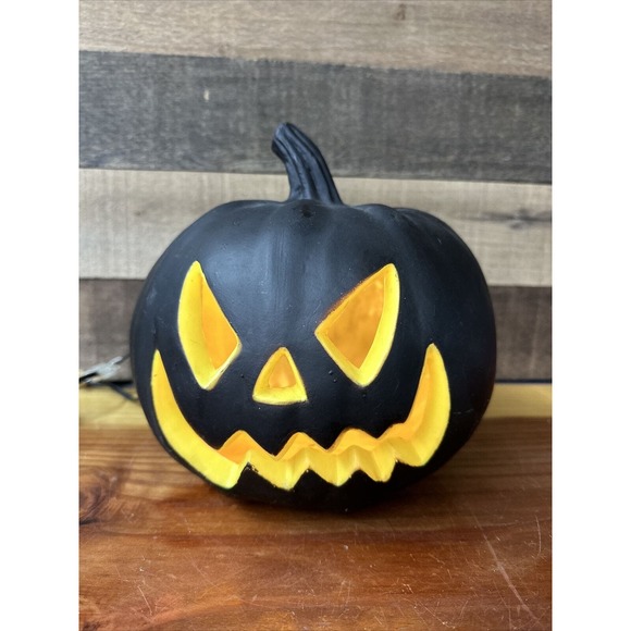 Light Up Black Yellow Pumpkin Jack O Lantern Blow Mold Halloween Decor - Picture 1 of 7